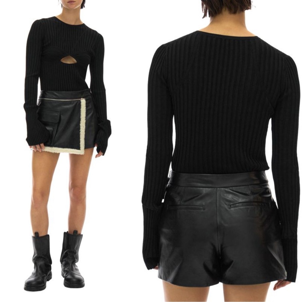 Helmut Lang | Ribbed Crewneck Long Sleeve Cutout Top in Black Medium